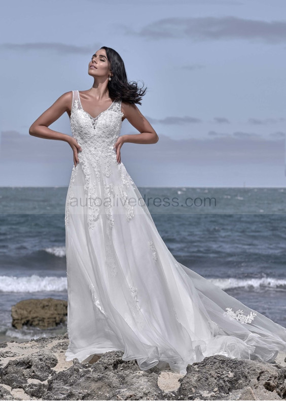 Beaded Ivory Lace Tulle Keyhole Back Enchanting Wedding Dress Beaded Ivory Lace Tulle Keyhole Back Enchanting Wedding Dress